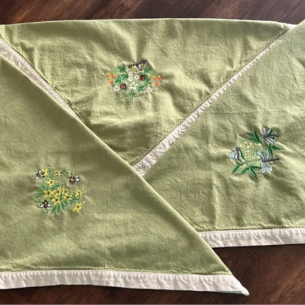 Upcycled Set of 3 Sage Cotton Floral Embroidered Napkins with Cream Trim